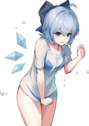 Rule 34 | 1girl, absurdres, ahoge, alternate costume, bikini, bikini under clothes, blue bow, blue eyes, blue hair, bow, breasts, cirno, clothes pull, covering crotch, covering privates, cowboy shot, hair bow, hand up, highres, ice, ice wings, see-through, shirt pull, short hair, simple background, small breasts, solo, swimsuit, swimsuit under clothes, touhou, v-shaped eyebrows, wet, wet clothes, white background, wings, yagoro kusuriya