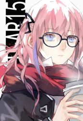 Rule 34 | 1girl, bespectacled, blue eyes, character name, coffee cup, cup, disposable cup, expressionless, girls&#039; frontline, glasses, hair ornament, hairclip, highres, holding, holding cup, jacket, lanxee, pink hair, red scarf, scarf, shirt, solo, st ar-15 (girls&#039; frontline), white shirt