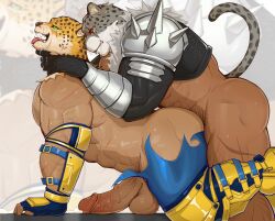 Rule 34 | 2boys, animal ears, animal head, armor, armor king, ass, bara, black gloves, blue gloves, boots, dark-skinned male, dark skin, erection, gloves, highres, jaguar, jaguar boy, jaguar ears, jaguar tail, king (tekken), large pectorals, luchador, male focus, multiple boys, muscular, muscular male, pauldrons, pectorals, penis, sex, sex from behind, shoulder armor, shoulder spikes, spikes, tail, tekken, testicles, tongue, tongue out, torn clothes, weisun (leoooliooon), wrestling outfit, yaoi