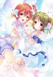 Rule 34 | 10s, 2girls, absurdres, belt, blue flower, blue shorts, bow, bowtie, breasts, brown eyes, brown hair, cleavage, collarbone, feathered wings, flower, hair flower, hair ornament, hair ribbon, hair scrunchie, highres, hoshizora rin, koizumi hanayo, leg up, long hair, love live!, love live! school idol festival, love live! school idol project, multiple girls, natsuki yuu, navel, one side up, open mouth, outstretched arm, purple eyes, ribbon, scrunchie, short hair, shorts, shorts under skirt, sleeveless, small breasts, thigh strap, two side up, white bow, white flower, white shorts, white wings, wings, wrist cuffs, yellow ribbon