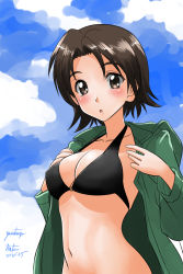 Rule 34 | 10s, 1girl, :o, artist name, bikini, black bikini, blush, breasts, brown eyes, brown hair, cleavage, cloud, cloudy sky, commentary, day, girls und panzer, green jacket, jacket, looking at viewer, matsui yasutsugu, medium breasts, navel, o-ring, o-ring bikini, one-hour drawing challenge, open clothes, open jacket, outdoors, parted bangs, parted lips, sawa azusa, short hair, signature, sky, solo, standing, swimsuit, undressing, upper body