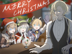 Rule 34 | 1girl, 3girls, :o, animal ears, black vest, blonde hair, blue eyes, blue gloves, blush, braid, brown gloves, cat ears, character request, chinese commentary, christmas, earrings, fake animal ears, finellen, fnc (girls&#039; frontline), girls&#039; frontline, girls&#039; frontline neural cloud, gloves, green eyes, hair ribbon, hat, highres, idw (girls&#039; frontline), jewelry, ksvk (girls&#039; frontline), light brown hair, long hair, looking at another, looking away, merry christmas, multiple girls, multiple views, open mouth, ribbon, santa hat, shirt, silver gloves, silver hair, smile, star-shaped pupils, star (symbol), symbol-shaped pupils, upper body, vest, white shirt