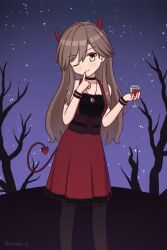 Rule 34 | 1girl, alcohol, alternate costume, arashio (kancolle), black pantyhose, brown eyes, brown hair, cup, demon girl, demon horns, demon tail, dress, drinking glass, feet out of frame, finger to mouth, halloween, highres, horns, kantai collection, konato k, looking at viewer, night, night sky, one eye closed, pantyhose, red dress, sky, sleeveless, sleeveless dress, solo, tail, tree, wine, wine glass