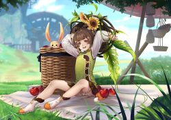 Rule 34 | 1girl, absurdres, animal ears, apple, blurry, blurry background, day, flower, flower-shaped pupils, food, fruit, genshin impact, gloves, hair between eyes, hair ornament, highres, inga2ooo, looking at viewer, open mouth, outdoors, rabbit ears, smile, solo, sunflower, symbol-shaped pupils, teeth, tongue, vision (genshin impact), yaoyao (genshin impact), yuegui (genshin impact)