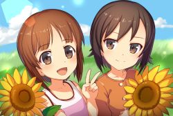 Rule 34 | 10s, 2girls, :d, aged down, blush, brown eyes, brown hair, cloud, collarbone, day, flower, girls und panzer, grass, highres, icomochi, long sleeves, looking at viewer, multiple girls, nishizumi maho, nishizumi miho, open mouth, short hair, siblings, sisters, sky, smile, sunflower, tank top, v