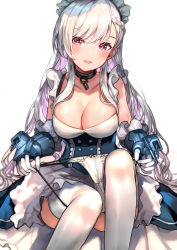 Rule 34 | 1girl, apron, azur lane, belfast (azur lane), blue eyes, blush, braid, breasts, chain, cleavage, collar, collarbone, corset, denchu (kazudentyu), dress, french braid, frilled gloves, frills, gauntlets, gloves, highres, large breasts, long hair, looking at viewer, maid, maid headdress, open mouth, panties, panty pull, ribbon-trimmed panties, silver hair, sitting, smile, solo, underwear, white gloves, white panties