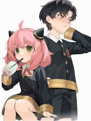 Rule 34 | 1boy, 1girl, ahoge, anya (spy x family), arm at side, arm support, black dress, black hair, black jacket, black shorts, blush, brown eyes, child, closed mouth, collared shirt, commentary, cup, damian desmond, disposable cup, dress, drinking, drinking straw, drinking straw in mouth, eden academy school uniform, embarrassed, english commentary, fake horns, feet out of frame, green eyes, hair ornament, hand on own hip, hand up, highres, holding, holding cup, horns, invisible chair, jacket, long sleeves, looking at viewer, looking away, medium hair, mouth hold, neck ribbon, pinafore dress, pink hair, ribbon, school uniform, shirt, short hair, shorts, simple background, sitting, sleeveless, sleeveless dress, spy x family, standing, thighhighs, wavy mouth, white background, white shirt, xiaojiaju