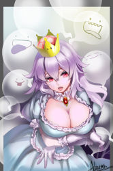Rule 34 | 1girl, :d, absurdres, breasts, chushengdao, cleavage, dress, gloves, highres, large breasts, long hair, luigi&#039;s mansion, mario (series), nintendo, open mouth, princess king boo, purple hair, red eyes, sailor collar, sharp teeth, smile, solo, super crown, teeth, tongue, tongue out