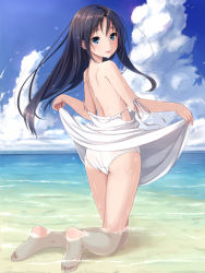 Rule 34 | 1girl, ass, back, bare arms, bare back, bare legs, bare shoulders, barefoot, black hair, blue eyes, blue sky, blush, clothes lift, cloud, day, dress, dress lift, feet, from behind, full body, highres, horizon, kimagure blue, kneepits, long hair, looking at viewer, looking back, md5 mismatch, ocean, off shoulder, original, panties, sky, sleeveless, sleeveless dress, soles, solo, spaghetti strap, strap slip, sundress, toes, underwear, water, water drop, wet, white dress, white panties