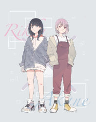 Rule 34 | 2girls, bare legs, black hair, blue eyes, blue footwear, blue jacket, brown jacket, casual, character name, closed mouth, commentary request, drawstring, full body, grey background, gridman universe, hair behind ear, hand in pocket, hands in pockets, highres, hood, hoodie, jacket, long hair, long sleeves, lyy, multiple girls, overalls, pink hair, red eyes, red overalls, shinjou akane, shirt, shoes, short hair, sleeveless, sleeveless shirt, sleeves past wrists, smile, sneakers, square, ssss.gridman, standing, takarada rikka, white footwear, white hoodie, white shirt, yellow footwear