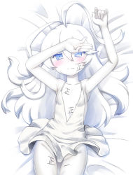 Rule 34 | 1girl, 3:, abyssal ship, bed sheet, blue eyes, blush, body writing, colored skin, commentary request, dress, flat chest, hase yu, kantai collection, long hair, looking at viewer, lying, new submarine princess, solo, tally, white dress, white hair, white skin
