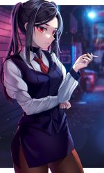 Rule 34 | 1girl, alley, bartender, black hair, blurry, blurry background, breasts, brown pantyhose, cigarette, cowboy shot, highres, holding, holding cigarette, jill stingray, long hair, long sleeves, medium breasts, miniskirt, necktie, night, outdoors, pantyhose, parted bangs, parted lips, pencil skirt, purple skirt, purple vest, red eyes, shirt, sidelocks, skirt, smoking, solo, standing, twintails, v burger103, va-11 hall-a, vest, white shirt