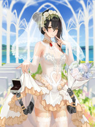 Rule 34 | 1girl, agent (girls&#039; frontline), bare shoulders, black hair, blush, bouquet, breasts, bridal gauntlets, bridal veil, bride, church, clothes lift, clothing cutout, double bun, dress, flower, garter straps, girls&#039; frontline, hair between eyes, hair bun, head wreath, highres, jewelry, lace, lace-trimmed legwear, lace trim, looking at viewer, mechanical arms, medium breasts, moran (pixiv27824646), navel cutout, outdoors, pew, ring, sangvis ferri, see-through, side ponytail, single mechanical arm, skirt, skirt lift, smile, solo, thighhighs, veil, wedding dress, wedding ring, yellow eyes