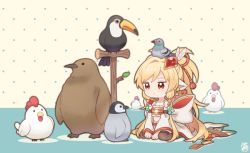 Rule 34 | 1girl, animal, animal ears, animal on head, baby penguin, bandeau, bird, blonde hair, botamochi (exwelder), brown thighhighs, detached sleeves, feather hair ornament, feathers, granblue fantasy, hair ornament, harvin, long hair, mahira (granblue fantasy), on head, penguin, pigeon, red eyes, signature, sitting, solo, symbol-only commentary, thighhighs, toucan, wariza