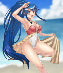 Rule 34 | 1girl, :d, absurdres, arm up, armpits, bare shoulders, beach, blue eyes, blue hair, blurry, blurry background, braid, breasts, cleavage, commentary, cowboy shot, depth of field, fire emblem, fire emblem: the sacred stones, fire emblem heroes, hazuki (nyorosuke), highres, large breasts, long hair, nintendo, ocean, official alternate costume, one-piece swimsuit, open mouth, outdoors, ponytail, showgirl skirt, side braids, smile, solo, swimsuit, tana (fire emblem), tana (summer) (fire emblem), twin braids, very long hair
