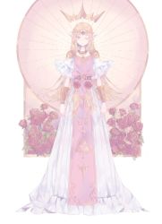 Rule 34 | armor, belt, blonde hair, blush, dress, flower, forehead protector, fortisselle, full body, gown, half-closed eye, highres, jewelry, long dress, long hair, looking at viewer, necklace, nintendo, one eye closed, pointy ears, princess, princess zelda, rose, short sleeves, shoulder armor, solo, the legend of zelda, triforce, white dress, wide sleeves