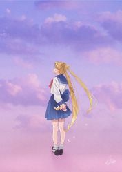 Rule 34 | 1girl, absurdres, anxflower, arms behind back, back bow, bishoujo senshi sailor moon, blonde hair, blue bow, blue sailor collar, blue skirt, bow, bowtie, collared shirt, double bun, floating hair, full body, gradient sky, hair bun, highres, holding, long hair, long sleeves, looking up, miniskirt, pleated skirt, profile, red bow, red bowtie, sailor collar, sailor shirt, school uniform, serafuku, shirt, skirt, sky, socks, solo, standing, tsukino usagi, twintails, very long hair, white shirt, white socks