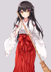 Rule 34 | 1girl, absurdres, bad id, bad pixiv id, bamboo broom, black hair, blush, bow, breasts, broom, brown eyes, closed mouth, commentary request, flower, grey background, hair between eyes, hair flower, hair ornament, hair ribbon, hairclip, hakama, hakama skirt, highres, holding, holding broom, japanese clothes, kimono, long hair, long sleeves, medium breasts, miko, neon (hhs9444), original, pink flower, red bow, red hakama, ribbon, ribbon-trimmed sleeves, ribbon trim, simple background, skirt, smile, solo, standing, very long hair, white kimono, white ribbon, wide sleeves