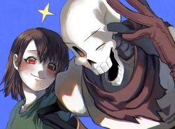 Rule 34 | androgynous, blush, brown hair, chara (undertale), gender request, open mouth, papyrus (undertale), red eyes, scarf, shirt, short hair, shousan (hno3syo), skeleton, smile, tagme