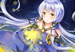Rule 34 | 1girl, :o, bad id, bad pixiv id, bare shoulders, blue dress, blue gloves, blue hair, blush, collarbone, dress, elbow gloves, fingerless gloves, gloves, hair ribbon, long hair, open mouth, ribbon, sky, sleeveless, sleeveless dress, solo, star (sky), star (symbol), starry sky, tailam, tareme, twintails, upper body, very long hair, vocaloid, xingchen, yellow eyes
