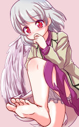 Rule 34 | 1girl, akabashi yuusuke, angel wings, bad id, bad pixiv id, barefoot, bloomers, blush, collared shirt, commentary request, covering own mouth, dress, feathered wings, feet, foot focus, grey hair, hand over mouth, hand to own mouth, highres, jacket, kishin sagume, knee up, long sleeves, looking down, nose, pov, purple dress, red background, red eyes, shirt, short dress, short hair, simple background, single wing, skirt, soles, solo, tears, toes, touhou, underwear, upskirt, wings