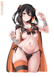 Rule 34 | 1girl, bandaged arm, bandages, bikini, black bikini, black cape, black hair, black thighhighs, blush, breasts, breasts apart, cape, claw pose, collarbone, cropped legs, ebifurya, foreshortening, grey eyes, grin, groin, hair ribbon, highres, jack-o&#039;-lantern ornament, kantai collection, long hair, looking at viewer, medium breasts, navel, one-hour drawing challenge, orange cape, orange thighhighs, ribbon, sendai (kancolle), side-tie bikini bottom, sidelocks, simple background, single thighhigh, smile, solo, stomach, string bikini, swimsuit, thighhighs, thighs, twintails, twitter username, underboob, white background