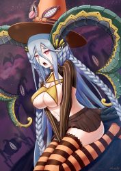 Rule 34 | 1girl, blue hair, breasts, brown jacket, brown skirt, brown thighhighs, cleavage, commentary request, crossed bangs, curled horns, dragon girl, dragon horns, dragon tail, fangs, fate/grand order, fate (series), gloves, halloween, hat, highres, horns, jacket, kaku-c aji, lahmu (fate), large breasts, long hair, long horns, miniskirt, open mouth, pleated skirt, pointy ears, purple eyes, sharp teeth, short eyebrows, sitting, skirt, solo, stomach tattoo, striped clothes, striped gloves, striped thighhighs, symbol-shaped pupils, tail, tattoo, teeth, thighhighs, tiamat (fate), underboob, vertical-striped clothes, vertical-striped gloves, very long hair, wariza, witch hat, x-shaped pupils