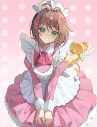 1girl absurdres alternate_costume antenna_hair apron ascot brown_hair cardcaptor_sakura closed_mouth collared_dress creature dress enmaided fenglansishui green_eyes hair_intakes highres juliet_sleeves kero_(cardcaptor_sakura) kinomoto_sakura long_sleeves looking_at_viewer magical_girl maid maid_apron maid_headdress open_mouth pink_ascot pink_background pink_dress polka_dot polka_dot_background puffy_sleeves short_hair smile v_arms wings