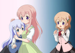 Rule 34 | 3girls, black skirt, blue eyes, blue hair, blue neckwear, blue vest, bluebrute, blush, bow, bowtie, breasts, buttons, closed mouth, collared shirt, commentary request, cowboy shot, dress, flat chest, gochuumon wa usagi desu ka?, gradient background, green dress, hair ornament, hairclip, hand on another&#039;s head, headpat, heads-up display, hoto cocoa, hoto mocha, kafuu chino, light blue hair, long hair, long sleeves, looking at another, medium breasts, multiple girls, open mouth, orange hair, parted lips, puffy short sleeves, puffy sleeves, purple eyes, rabbit house uniform, red neckwear, shirt, short sleeves, siblings, sidelocks, sisters, skirt, small breasts, smile, two-tone background, undershirt, vest, white shirt, wing collar, x hair ornament