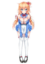 Rule 34 | 1girl, absurdres, akai haato, akai haato (1st costume), apron, bad id, bad pixiv id, blonde hair, blue eyes, blue gloves, bow, bowtie, breasts, cleavage, detached collar, elbow gloves, facial mark, front-tie top, gloves, hair ornament, hair ribbon, heart, heart hair ornament, highres, hololive, large breasts, leaning forward, long hair, maid apron, ribbon, shiinakazee, shoes, simple background, skirt, thighhighs, virtual youtuber, white thighhighs, zettai ryouiki