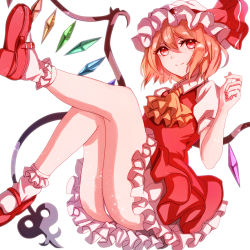 Rule 34 | 1girl, ascot, ass, bad id, bad pixiv id, blonde hair, commentary request, crystal, dress, fang, feet out of frame, flandre scarlet, hair between eyes, hand up, hat, hat ribbon, jan (lightdragoon), knees up, laevatein, light particles, looking at viewer, mary janes, mob cap, nail polish, panties, petticoat, puffy short sleeves, puffy sleeves, red dress, red eyes, red footwear, red nails, red ribbon, ribbon, shoes, short hair, short sleeves, simple background, smile, socks, solo, touhou, underwear, white background, white hat, white panties, white socks, wing collar, wings, yellow ascot