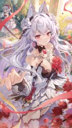 Rule 34 | 2girls, absurdres, bare shoulders, black collar, breasts, character request, cleavage, collar, detached sleeves, dress, flower, hair between eyes, hair ornament, highres, honkai (series), honkai impact 3rd, jewelry, large breasts, long hair, multiple girls, official art, red eyes, rose, second-party source, smile, solo, theresa apocalypse, theresa apocalypse (luna kindred), theresa apocalypse (lunar vow: crimson love), theresa apocalypse (till death do us part) (honkai impact), very long hair, wedding dress, white dress, white flower, white hair, white rose, white sleeves, yeonwa