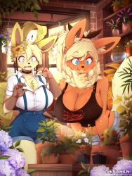 Rule 34 | !, 2girls, ahoge, alternate color, animal ear fluff, animal ears, artist name, bare arms, bare shoulders, blonde hair, blue eyes, body fur, breasts, breath weapon, breathing fire, cleavage, commentary, creatures (company), day, denim, denim shorts, embers, english commentary, fire, flareon, flower, flower shop, furrification, furrowed brow, furry, furry female, game freak, gen 1 pokemon, gen 4 pokemon, green fur, hair between eyes, hair flower, hair ornament, hands up, high ponytail, highres, huge breasts, indoors, leafeon, leaning forward, long hair, looking at another, looking at flowers, looking at object, midriff, multiple girls, nervous, nintendo, open mouth, personification, pocket, pokemon, pokemon (creature), red fur, shiny pokemon, shirt, shop, short hair, short shorts, short sleeves, shorts, smile, standing, stomach, suspender shorts, suspenders, swept bangs, tail, tank top, teranen, two-tone fur, white shirt, window, yellow eyes, yellow fur