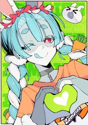 Rule 34 | &gt; &lt;, 1girl, ;), ;q, absurdres, animal ears, blue hair, braid, carrot hair ornament, closed mouth, food-themed hair ornament, grey choker, hair ornament, heart, heart hands, highres, hololive, looking at viewer, multicolored hair, pekomon (usada pekora), one eye closed, orange shirt, patchwork skin, rabbit ears, red eyes, shirt, smile, solo, stitched arm, stitched face, stitches, thick eyebrows, tongue, tongue out, twin braids, two-tone hair, unexistarts, usada pekora, virtual youtuber, white hair