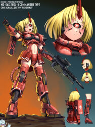 Rule 34 | 1girl, black sclera, blonde hair, breasts, char aznable, clothing cutout, colored sclera, cyclops, gun, gundam, highres, holding, holding gun, holding weapon, horns, joints, mecha musume, medium breasts, mobile suit gundam, navel, one-eyed, open mouth, personification, pointing, red eyes, robot joints, single horn, standing, stomach cutout, substance20, thumbs up, weapon, zaku ii, zaku ii s char custom