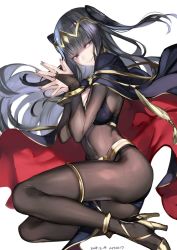 Rule 34 | 1girl, anklet, ario, artist name, ass, bangle, belt, black cape, black hair, bodystocking, bracelet, breasts, bridal gauntlets, cape, circlet, cleavage, closed mouth, covered navel, dated, fire emblem, fire emblem awakening, high heels, jewelry, lips, long hair, looking at viewer, lying, medium breasts, nail polish, nintendo, on side, own hands together, grey eyes, simple background, skin tight, smile, solo, tharja (fire emblem), thigh strap, two side up, very long hair, white background