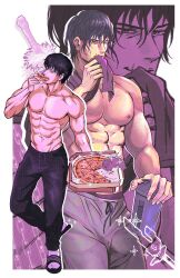 Rule 34 | 1boy, abs, adrienwithane (ap00c), alternate costume, bara, black hair, collage, eating, food, fushiguro touji, hair between eyes, highres, jujutsu kaisen, looking at viewer, male focus, muscular, muscular male, navel, nipples, pants, pizza, projected inset, sanpaku, scar, scar on face, scar on mouth, short hair, slippers, socks, stomach, topless male, track pants, wiping mouth