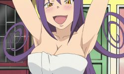Rule 34 | 00s, 1girl, animated, animated gif, armpits, blair (soul eater), blush, breasts, large breasts, purple hair, soul eater, towel, yellow eyes