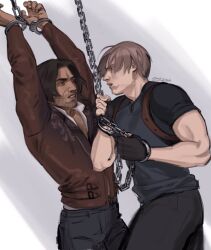 Rule 34 | 5i2, black hair, black pants, black shirt, bound, bound wrists, brown hair, brown jacket, chain, cuffs, facial hair, handcuffs, highres, holding, holding chain, holster, jacket, leon s. kennedy, looking at another, luis sera, male focus, muscular, muscular male, one eye closed, pants, resident evil, resident evil 4, resident evil 4 (remake), restrained, shirt, short hair, shoulder holster, simple background, twitter username, yaoi