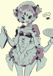 Rule 34 | 1girl, alternate costume, apron, arthropod girl, blunt bangs, enmaided, extra arms, extra eyes, fangs, insect girl, maid, maid headdress, monochrome, muffet, simple background, skirt, solo, spider girl, standing, twintails, two side up, undertale, white background
