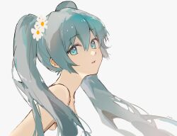Rule 34 | 1girl, aqua eyes, aqua hair, bare shoulders, commentary, flower, from side, hair between eyes, hair flower, hair ornament, hatsune miku, highres, long bangs, long hair, looking at viewer, parted lips, rainry, simple background, sleeveless, solo, twintails, upper body, vocaloid, white background, white flower