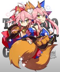 Rule 34 | 10s, 2girls, animal ears, animal hands, bell, collar, detached sleeves, fate/extra, fate/grand order, fate (series), fox ears, fox tail, gloves, japanese clothes, kimono, multiple girls, neck bell, negi (ulog&#039;be), paw gloves, pink hair, ponytail, smile, sparkle, tail, tamamo (fate), tamamo cat (fate), tamamo cat (first ascension) (fate), tamamo no mae (fate/extra), two side up, upper body, yellow eyes