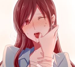 Rule 34 | 10s, 1girl, aoki shizumi, bad id, bad pixiv id, blush, brown eyes, brown hair, finger in another&#039;s mouth, idolmaster, idolmaster cinderella girls, long hair, nitta minami, open mouth, pov, solo focus