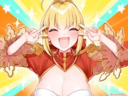 Rule 34 | 1girl, ^ ^, ^o^, ahoge, blonde hair, blush, breasts, cleavage, closed eyes, double v, emotional engine - full drive, epaulettes, fate/extra, fate/grand order, fate (series), hair intakes, highres, nero claudius (fate), nero claudius (fate) (all), nero claudius (fate/extra), no bra, skindentation, solo, v, yayoi maka