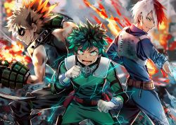 Rule 34 | 2019, 3boys, bakugou katsuki, bare shoulders, black pants, black shirt, blue jacket, blue pants, blurry, blurry background, bodysuit, boku no hero academia, clenched hands, clenched teeth, commentary, depth of field, electricity, fire, gloves, glowing, glowing eyes, green bodysuit, green eyes, green hair, grey eyes, grin, ice, jacket, light brown hair, long sleeves, looking at viewer, male focus, midoriya izuku, multicolored hair, multiple boys, open mouth, pants, profile, red eyes, red hair, shirt, sleeveless, sleeveless shirt, sleeves rolled up, smile, standing, sunako (veera), teeth, todoroki shouto, twitter username, two-tone hair, v-shaped eyebrows, white gloves, white hair