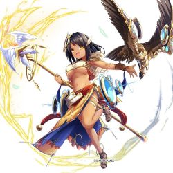 Rule 34 | 1girl, armpits, bird, black hair, breasts, bridal gauntlets, commentary request, copyright name, dark-skinned female, dark skin, eagle, electricity, feather hair ornament, feathers, full body, feather hair ornament, hair ornament, holding, hood, hood down, kamihime project, large breasts, leg up, long hair, midriff, navel, official art, open mouth, pelvic curtain, shoes, simple background, smile, solo, staff, toeless footwear, white background, wings, yellow eyes