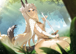 Rule 34 | 1girl, animal ear fluff, animal ears, bad id, bad pixiv id, bare hips, blue eyes, braid, breasts, cape, day, detached sleeves, dress, dutch angle, flower, forest, fox ears, fox girl, fox tail, from side, hair flower, hair ornament, highres, holding, holding sword, holding weapon, long hair, long sleeves, looking at viewer, medium breasts, nature, nishitaka, no bra, no panties, olivia (pride of eden), outdoors, parted bangs, red: pride of eden, sash, seiza, sideboob, sitting, smile, solo, sword, tail, weapon, white cape, white dress, white flower, white hair, white sleeves, wind