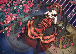 Rule 34 | 10s, 1girl, bare shoulders, black hair, boots, breasts, cleavage, clock, clock eyes, cross-laced footwear, date a live, dress, flower, greetload, hairband, heterochromia, lace-up boots, lolita fashion, lolita hairband, long hair, looking at viewer, open mouth, red eyes, rose, smile, solo, swing, symbol-shaped pupils, tokisaki kurumi, twintails, yellow eyes
