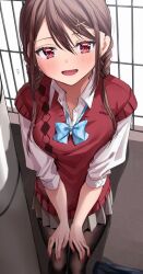 Rule 34 | 1girl, black pantyhose, blue bow, blush, bow, bowtie, braid, breasts, brown hair, chigusa minori, collared shirt, commentary request, fingernails, grey skirt, hair ornament, heart, heart in eye, highres, kokoro iroduku koi ga shitai, large breasts, lips, long hair, looking at viewer, medium breasts, momiji ayaka, open mouth, pantyhose, pleated skirt, red eyes, red nails, shirt, skirt, smile, solo, sweater vest, symbol in eye, twin braids, white shirt, wing collar, x hair ornament