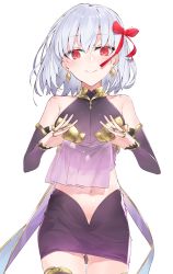 Rule 34 | 1girl, bare shoulders, blush, breasts, clothes lift, commentary request, detached sleeves, dress, dress lift, earrings, fate/grand order, fate (series), hair ribbon, hayashi kewi, holding, jewelry, kama (fate), kama (first ascension) (fate), looking at viewer, navel, purple dress, purple sleeves, red eyes, red ribbon, ribbon, ring, short hair, silver hair, sleeveless, sleeveless dress, smile, solo, thighhighs